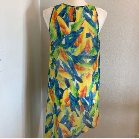 Feather Print Asymmetrical Tank Size L Green Blue Kay Celine Boho Hippie - Picture 5 of 8